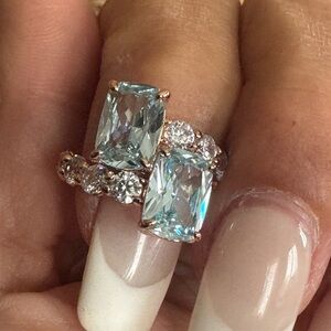 Bomb Party Rose Gold Aquamarine Double-Rectangle Ring with Accent Stones